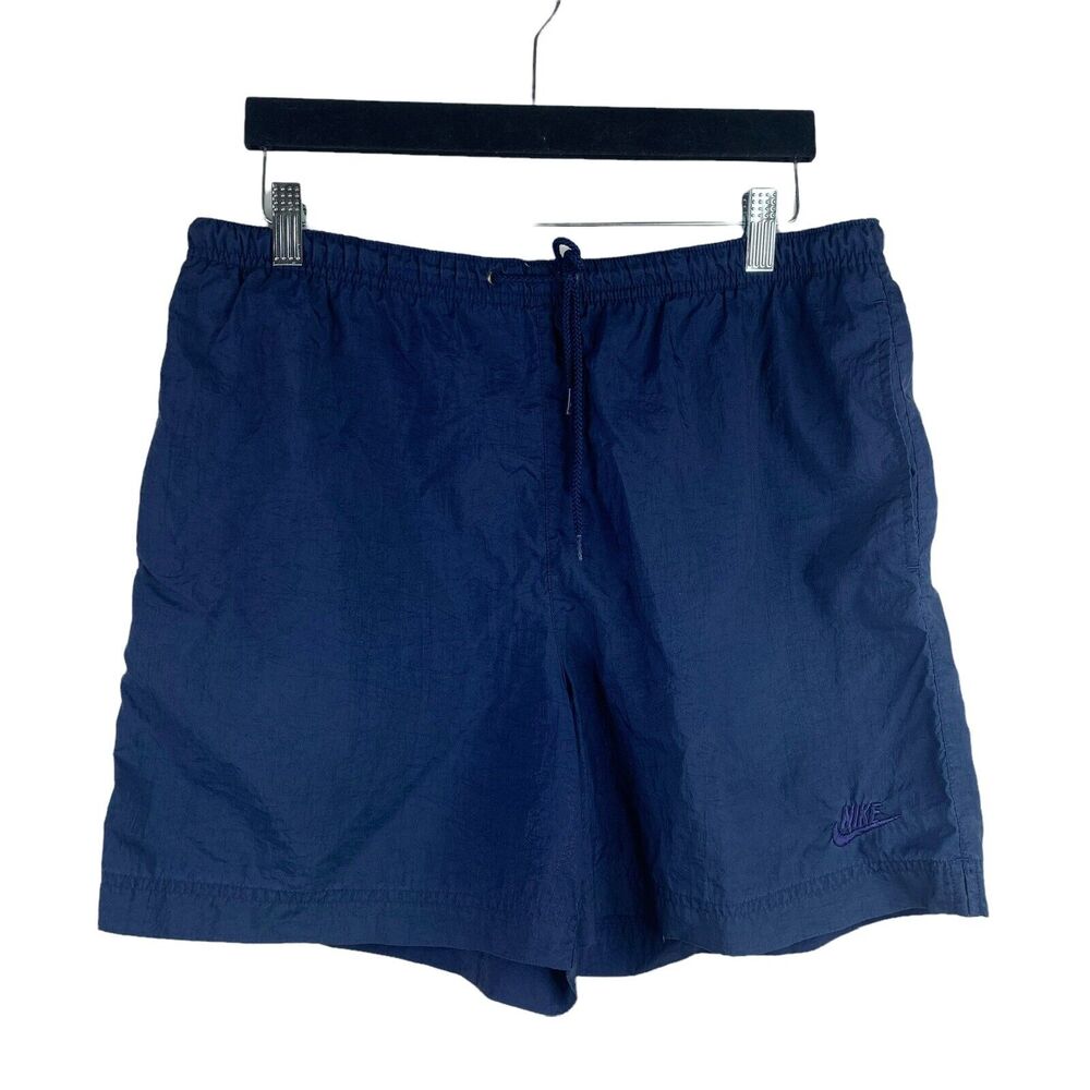 Vintage Nike Size M Swim Trunks Shorts Blue Embroidered Spellout Logo Drawstring